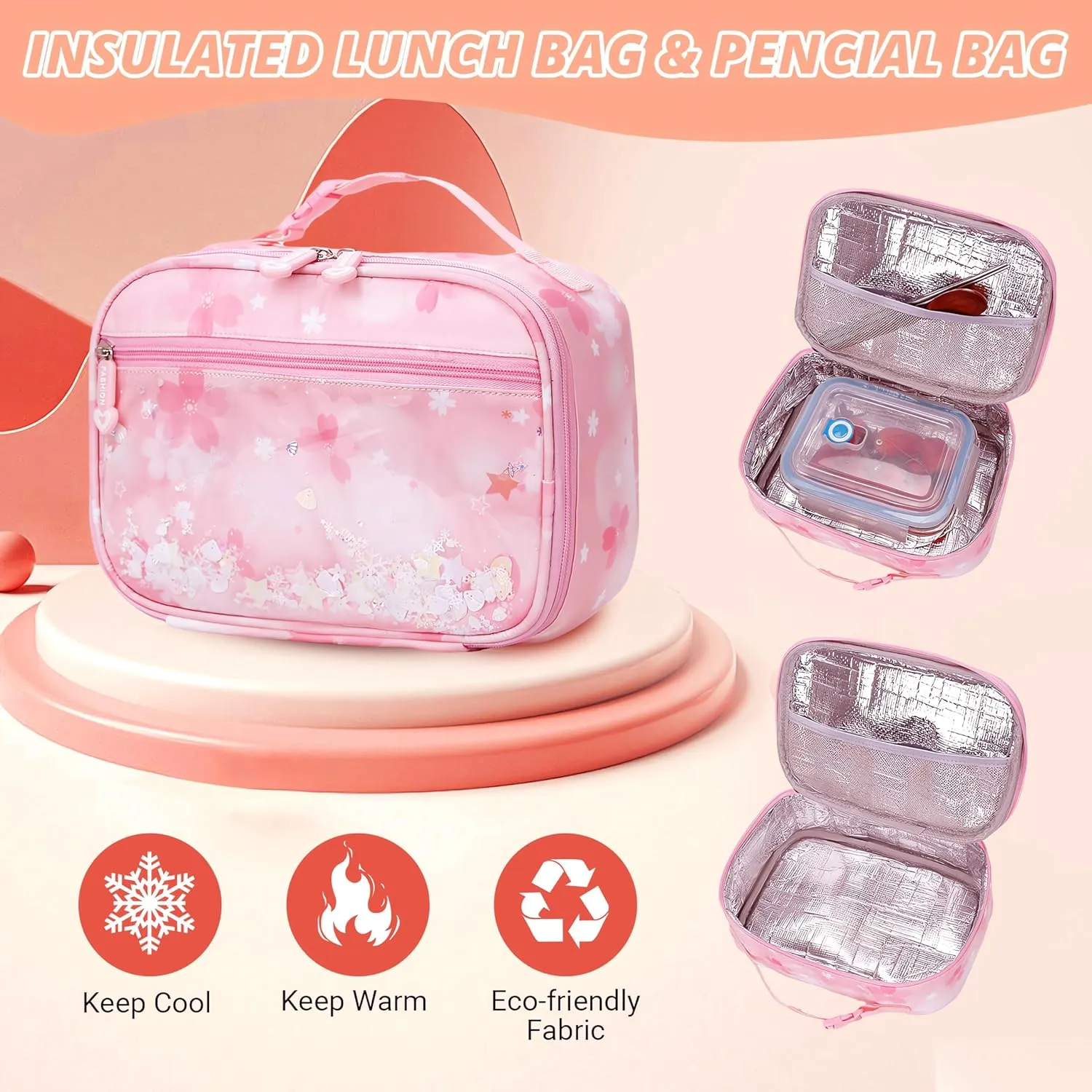 Wraifa Girls Backpack and Lunch Box Set - Sequin Backpack for Girls Elementary School Preschool Princess Kids Bookbag (Lunch Bag Set Pink)