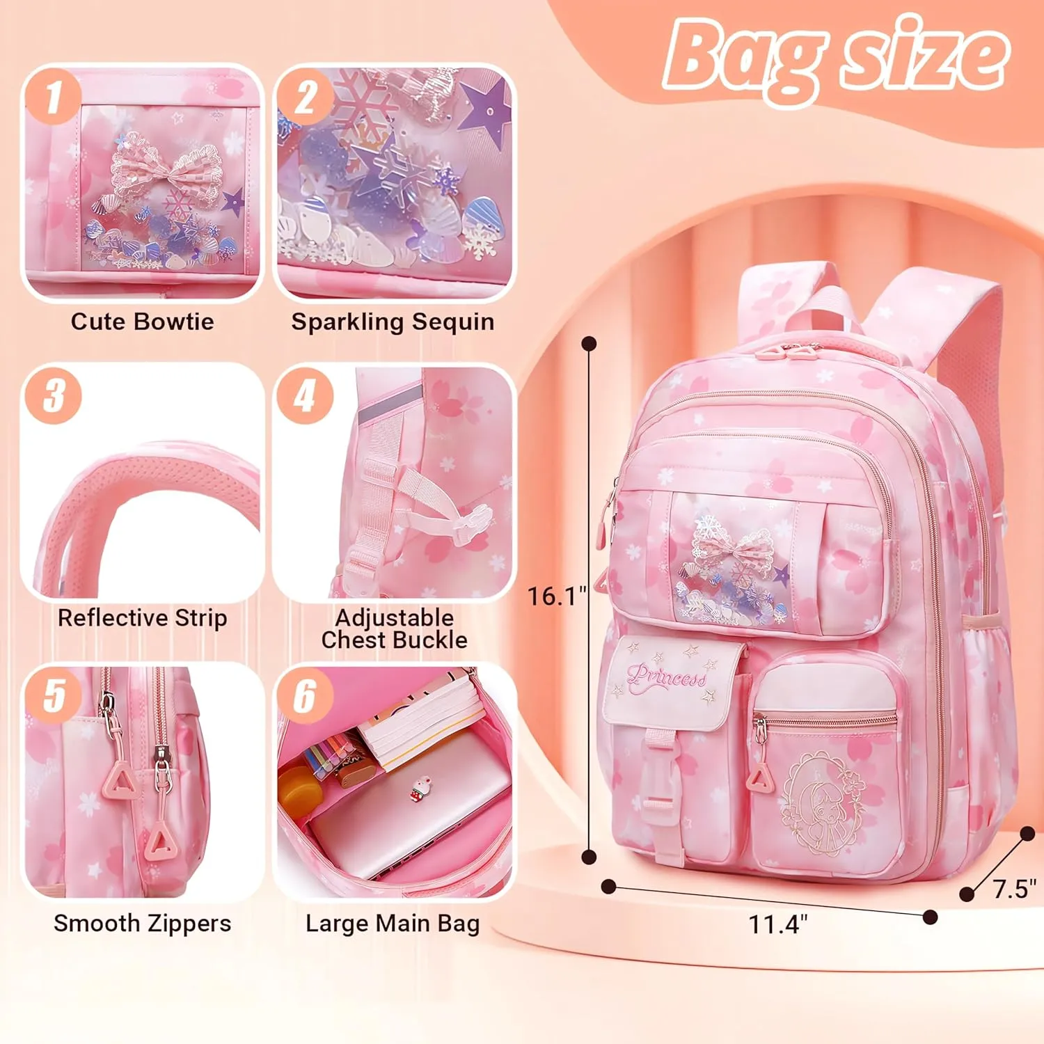 Wraifa Girls Backpack and Lunch Box Set - Sequin Backpack for Girls Elementary School Preschool Princess Kids Bookbag (Lunch Bag Set Pink)