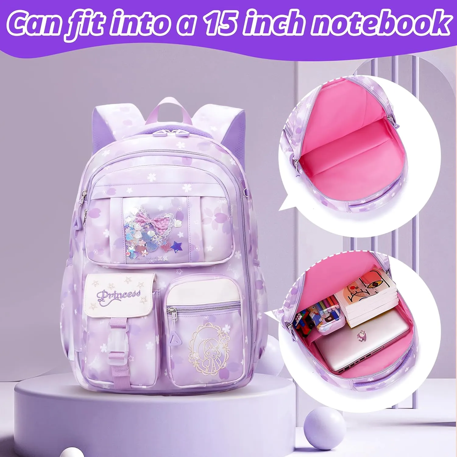 Wraifa Girls Backpack and Lunch Box Set - Sequin Backpack for Girls Elementary School Preschool Princess Kids Bookbag (Only Backpack Purple)