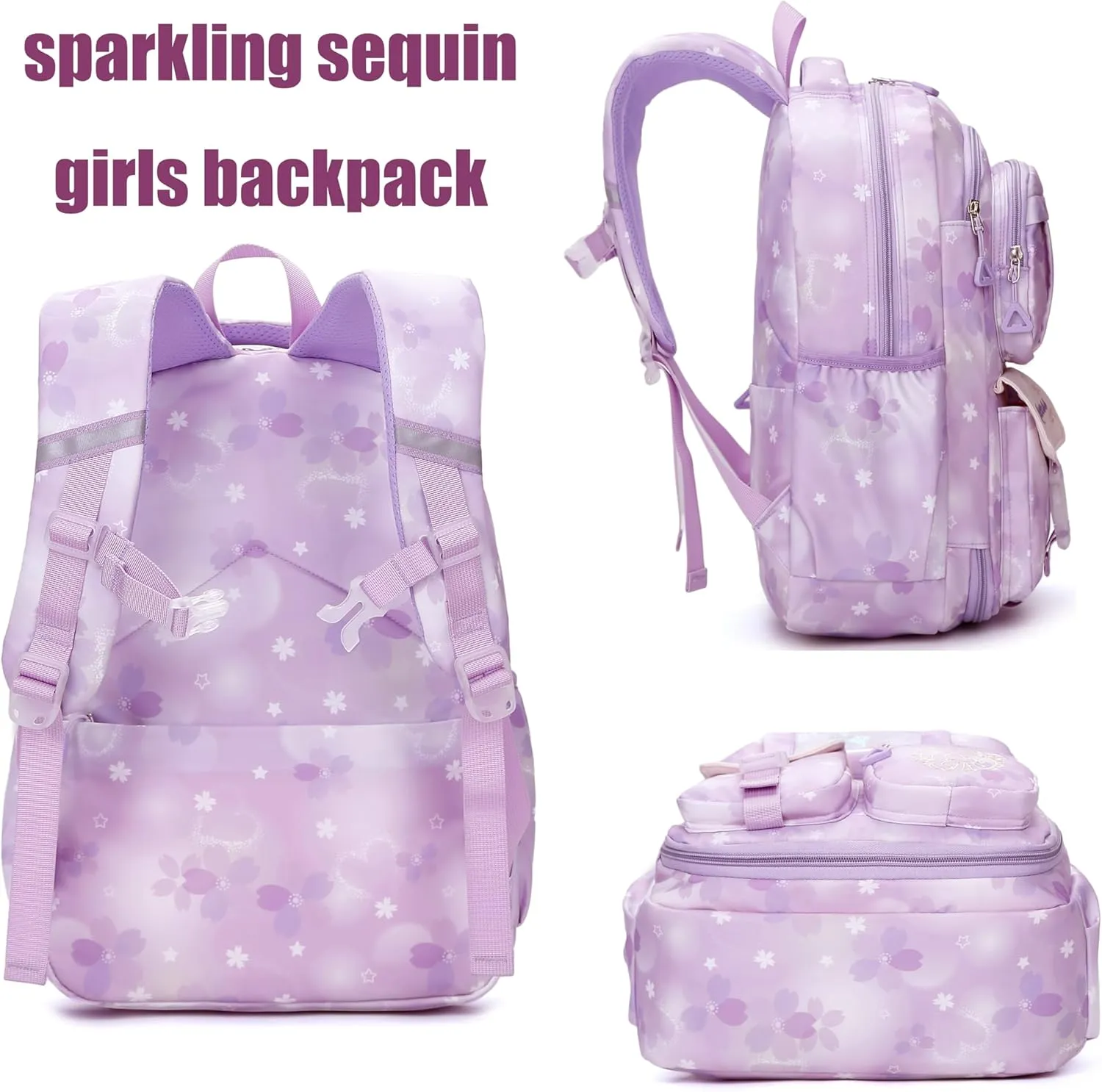 Wraifa Girls Backpack and Lunch Box Set - Sequin Backpack for Girls Elementary School Preschool Princess Kids Bookbag (Only Backpack Purple)