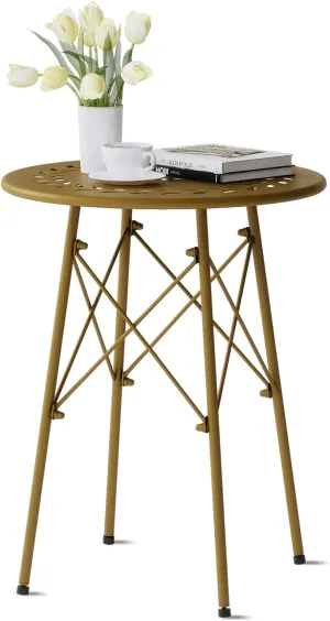 XIV Outdoor Side Table, Small Outdoor Table, Round Patio Side Table Metal, Weatherproof, Small Accent End Table for Patio, Garden, Balcony, Yard (Gold)