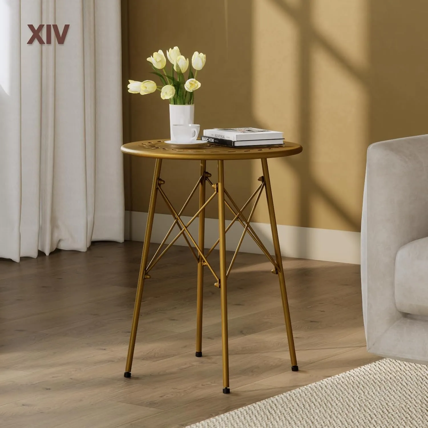 XIV Outdoor Side Table, Small Outdoor Table, Round Patio Side Table Metal, Weatherproof, Small Accent End Table for Patio, Garden, Balcony, Yard (Gold)