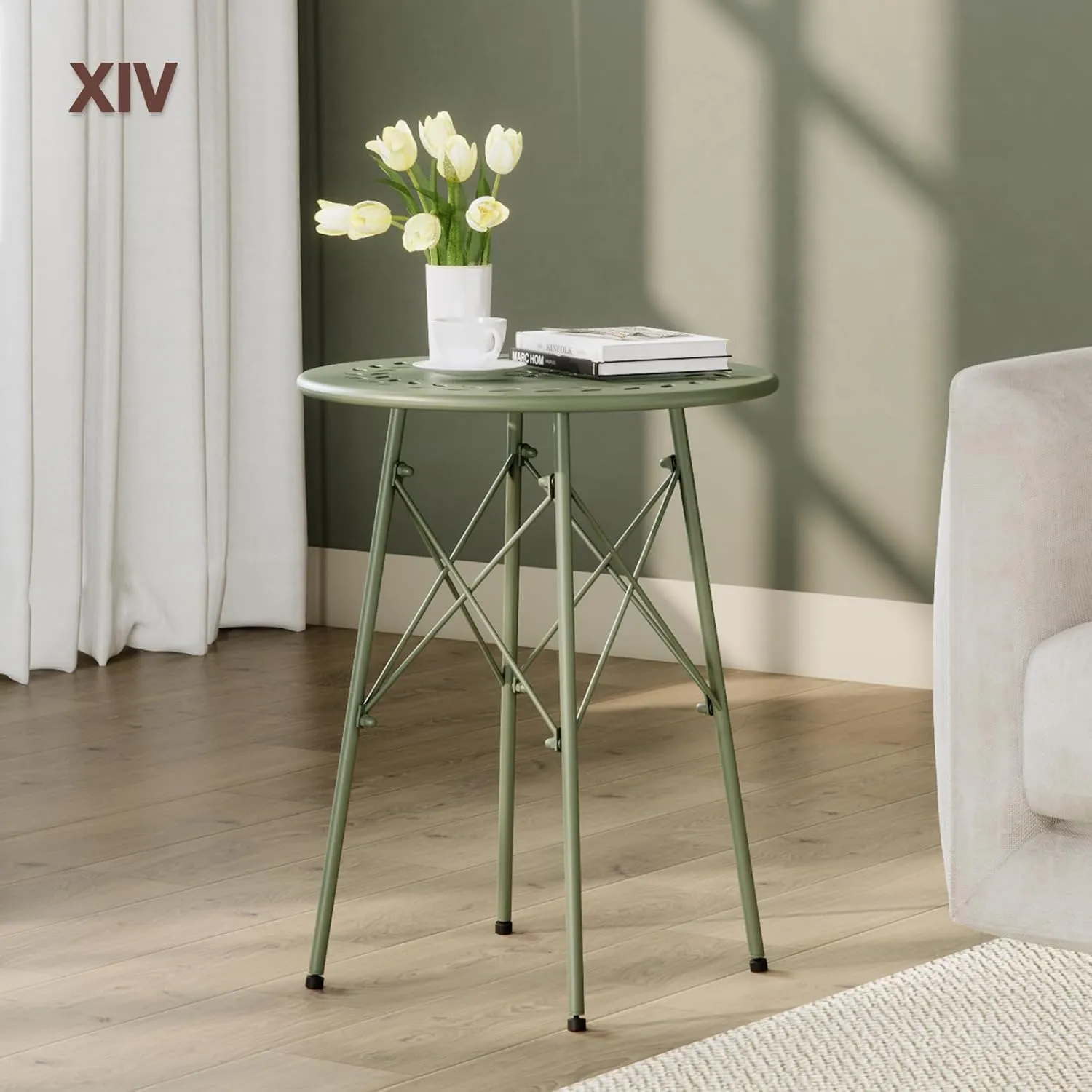 XIV Outdoor Side Table, Small Outdoor Table, Round Patio Side Table Metal, Weatherproof, Small Accent End Table for Patio, Garden, Balcony, Yard (Green)