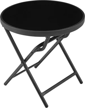 Yaheetech Outdoor Folding Side Table, Round Patio Folding End Table with Silk Tempered Glass Tabletop, Portable Small Garden Bistro Table for Garden Balcony Porch Deck, Black