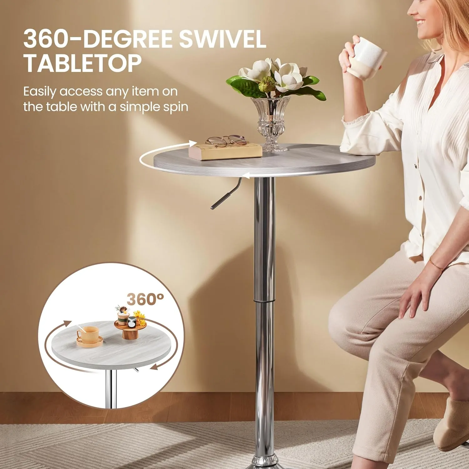 Yaheetech Round Bar Table, Adjustable Height and 360° Swivel Bar Tables, Cocktail Table with MDF Top, Silver Leg Base for Bar, Bistro, Café, Grey