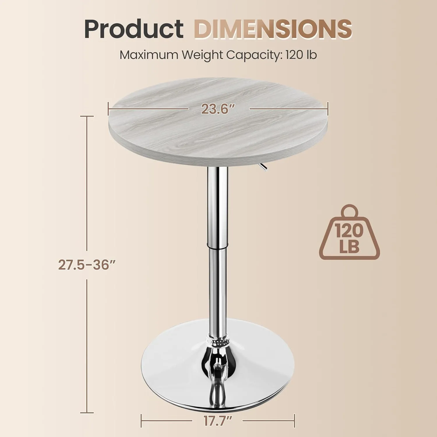 Yaheetech Round Bar Table, Adjustable Height and 360° Swivel Bar Tables, Cocktail Table with MDF Top, Silver Leg Base for Bar, Bistro, Café, Grey