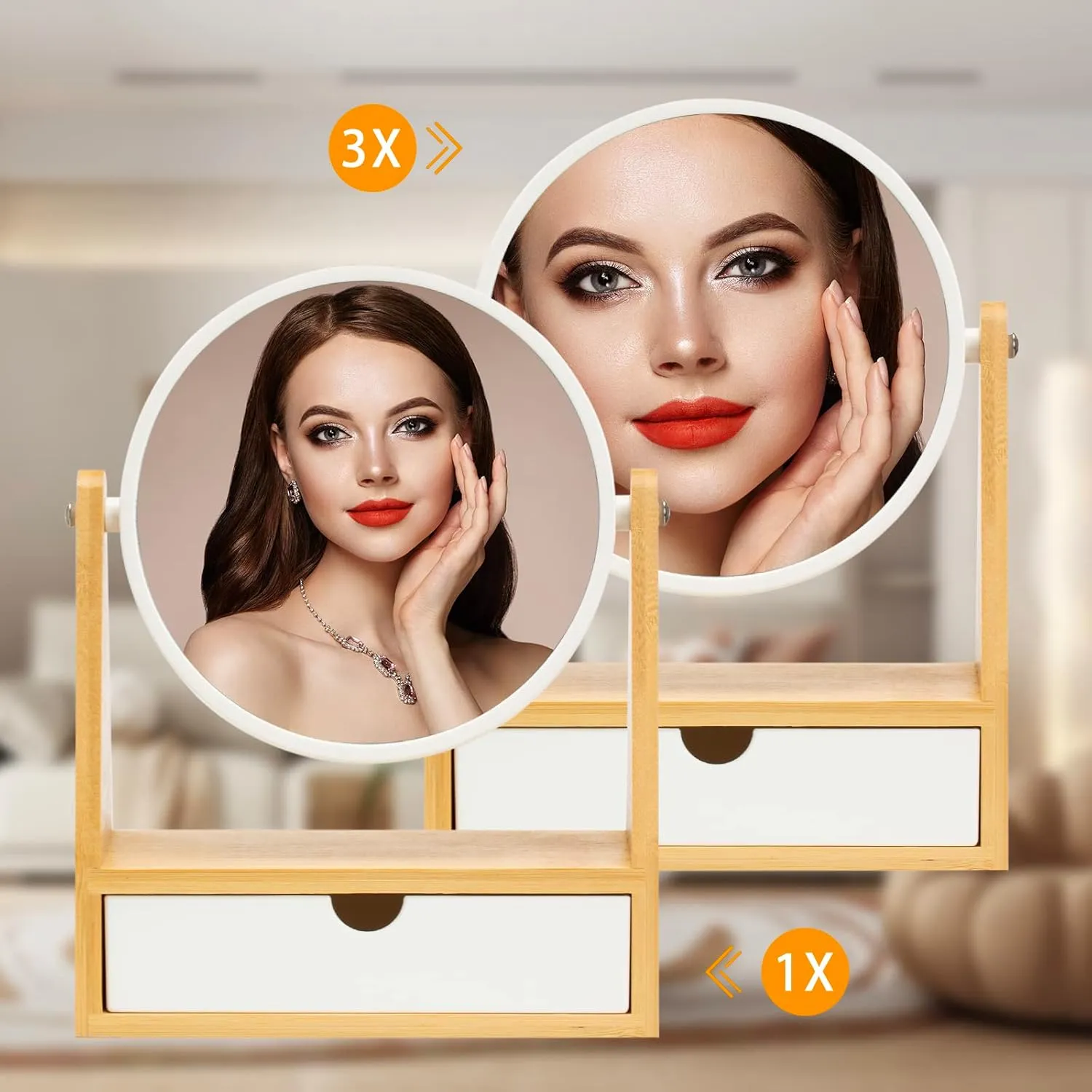 YEAKE Vanity Makeup Mirror with Natural Bamboo Stand, 1X/3X Double Sided Magnifying Mirror with Drawer,Portable Small Table Desk Countertop Mirror, Bathroom Shaving Mirror(Round)