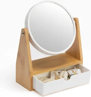 YEAKE Vanity Makeup Mirror with Natural Bamboo Stand, 1X/3X Double Sided Magnifying Mirror with Drawer,Portable Small Table Desk Countertop Mirror, Bathroom Shaving Mirror(Round)