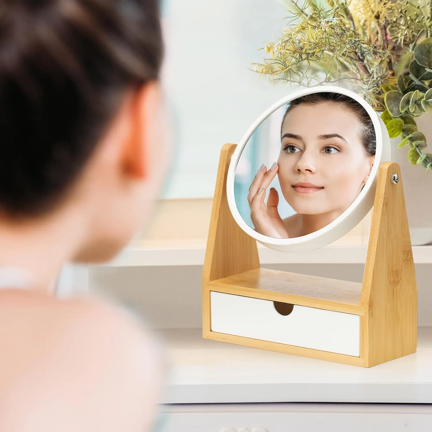YEAKE Vanity Makeup Mirror with Natural Bamboo Stand, 1X/3X Double Sided Magnifying Mirror with Drawer,Portable Small Table Desk Countertop Mirror, Bathroom Shaving Mirror(Round)