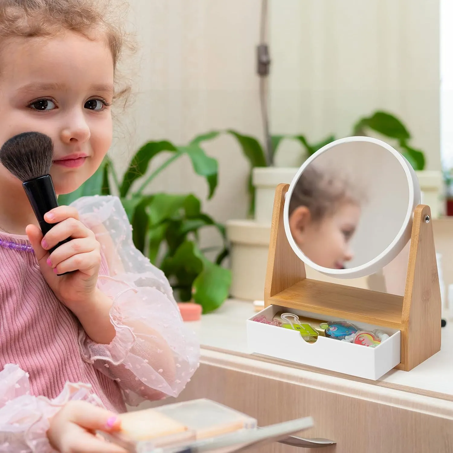 YEAKE Vanity Makeup Mirror with Natural Bamboo Stand, 1X/3X Double Sided Magnifying Mirror with Drawer,Portable Small Table Desk Countertop Mirror, Bathroom Shaving Mirror(Round)