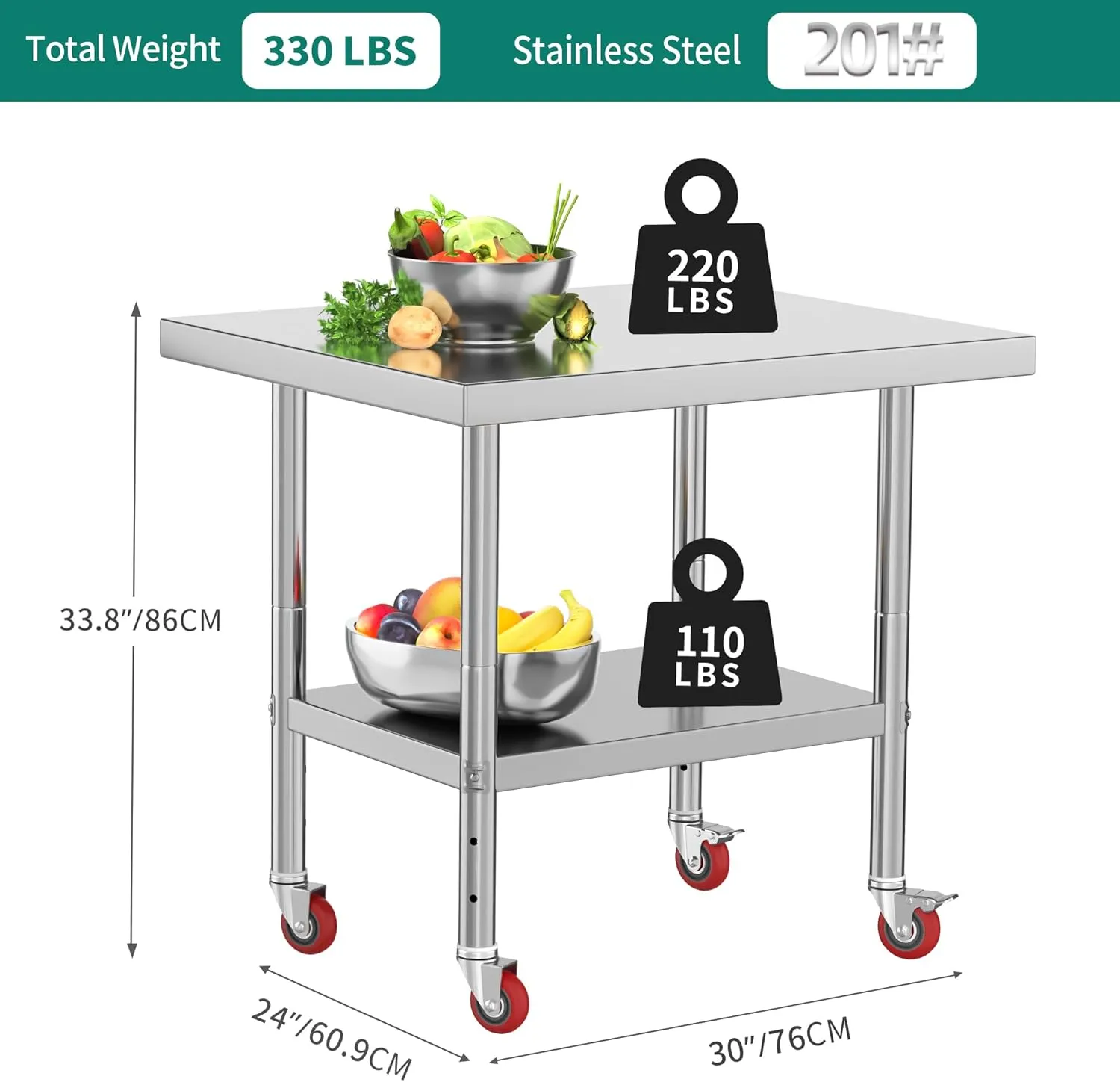 YITAHOME NSF Stainless Steel Table, 30" X 24" Work Table with Wheels, 2 Shelves Metal Prep Worktable for Home Kitchen Restaurant Garage Warehouse Outdoor