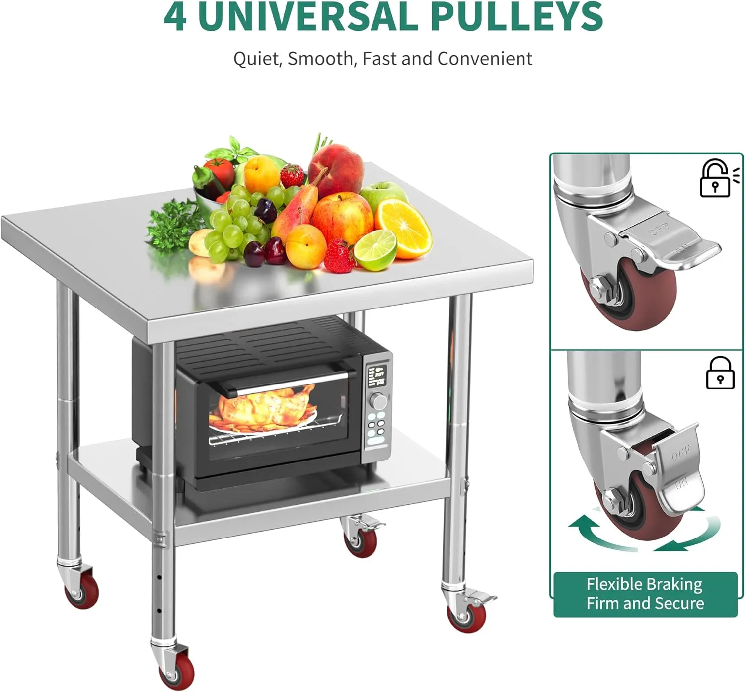 YITAHOME NSF Stainless Steel Table, 30" X 24" Work Table with Wheels, 2 Shelves Metal Prep Worktable for Home Kitchen Restaurant Garage Warehouse Outdoor