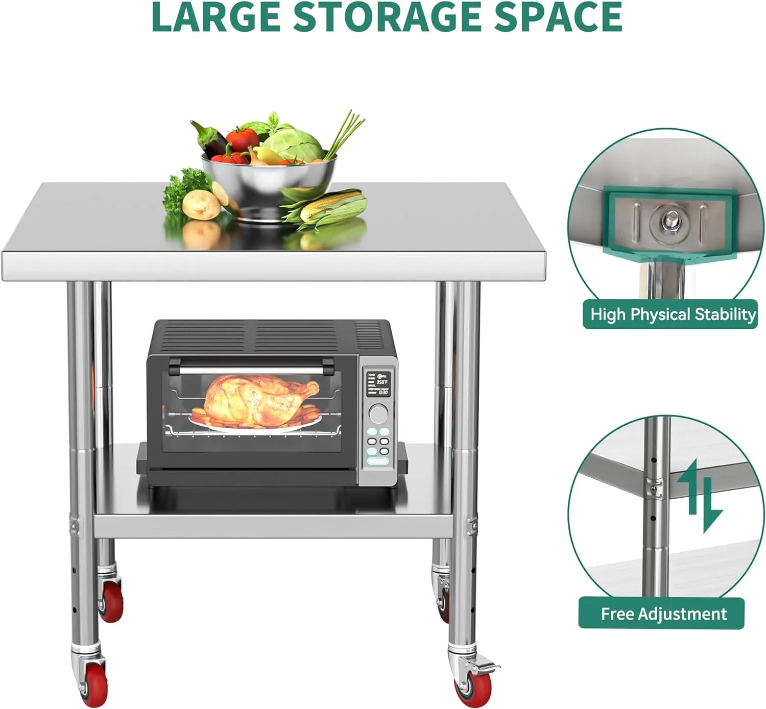 YITAHOME NSF Stainless Steel Table, 30" X 24" Work Table with Wheels, 2 Shelves Metal Prep Worktable for Home Kitchen Restaurant Garage Warehouse Outdoor