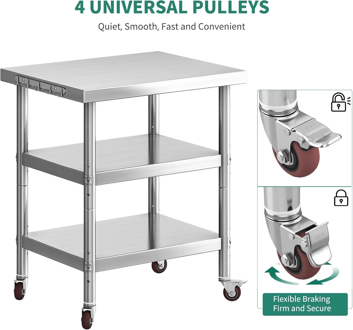 YITAHOME NSF Stainless Steel Table, 36" X 24" Work Table with Wheels, 3 Shelves Metal Prep Worktable for Home Kitchen Restaurant Garage Warehouse Outdoor