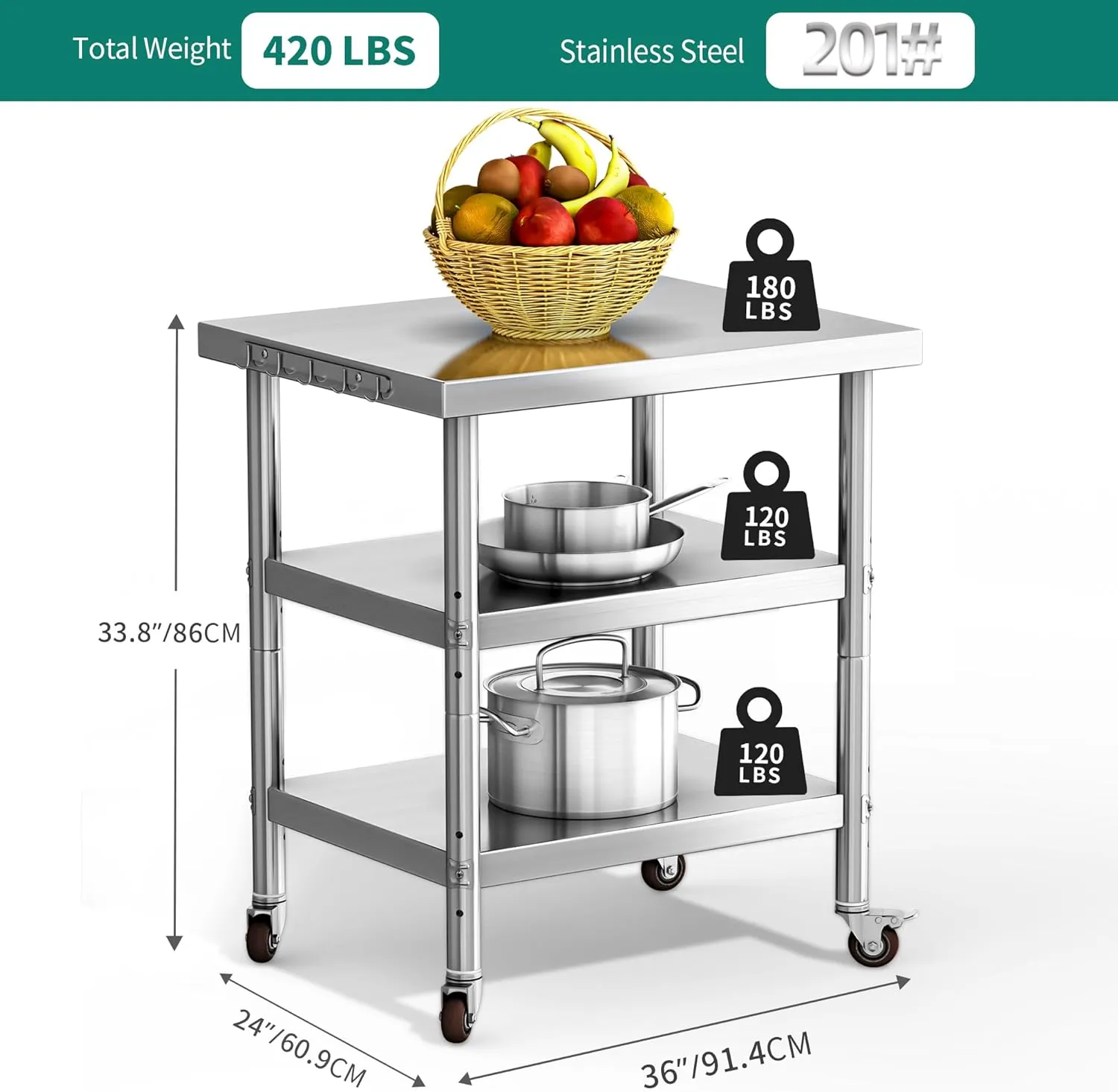 YITAHOME NSF Stainless Steel Table, 36" X 24" Work Table with Wheels, 3 Shelves Metal Prep Worktable for Home Kitchen Restaurant Garage Warehouse Outdoor