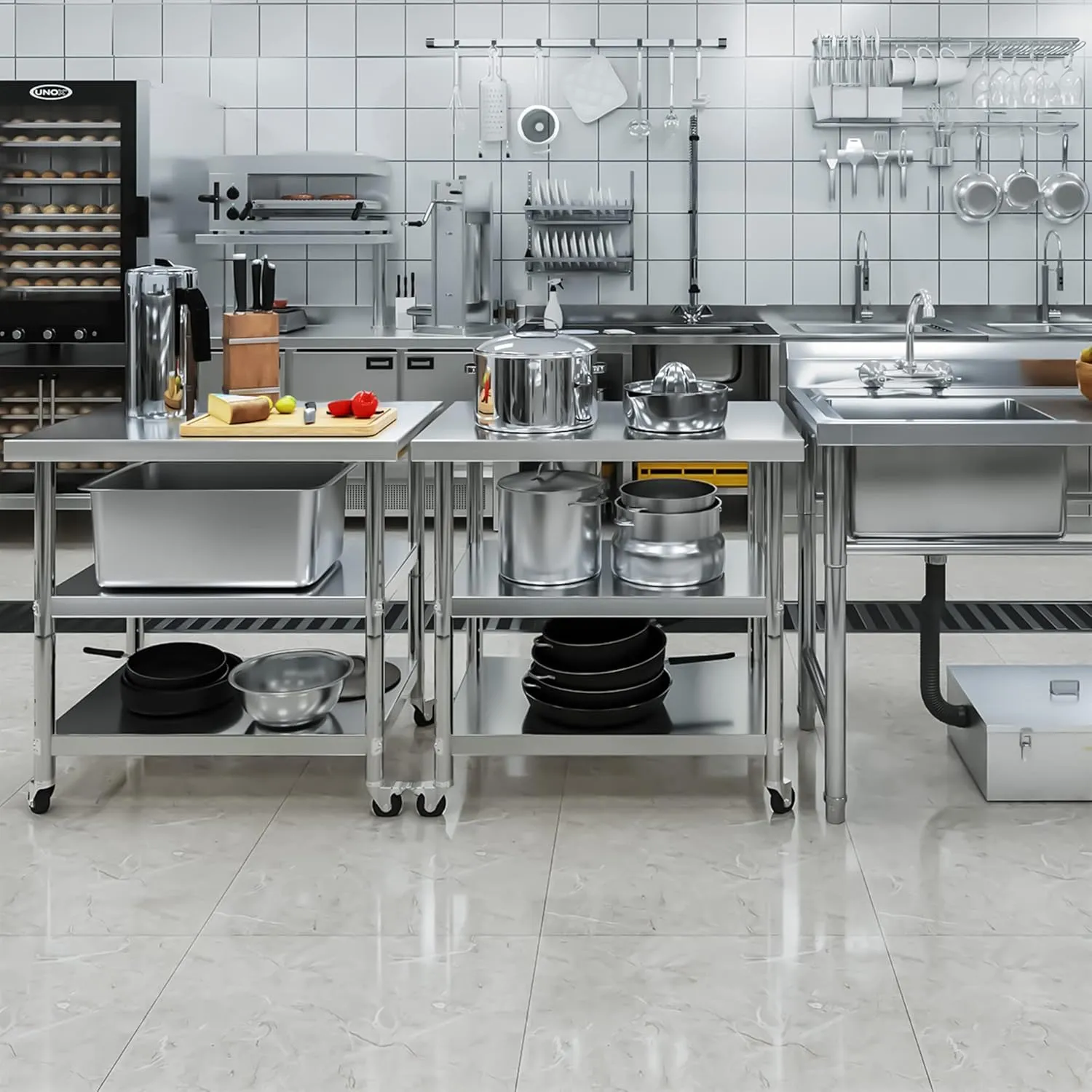 YITAHOME NSF Stainless Steel Table, 36" X 24" Work Table with Wheels, 3 Shelves Metal Prep Worktable for Home Kitchen Restaurant Garage Warehouse Outdoor