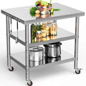 YITAHOME NSF Stainless Steel Table, 36" X 24" Work Table with Wheels, 3 Shelves Metal Prep Worktable for Home Kitchen Restaurant Garage Warehouse Outdoor