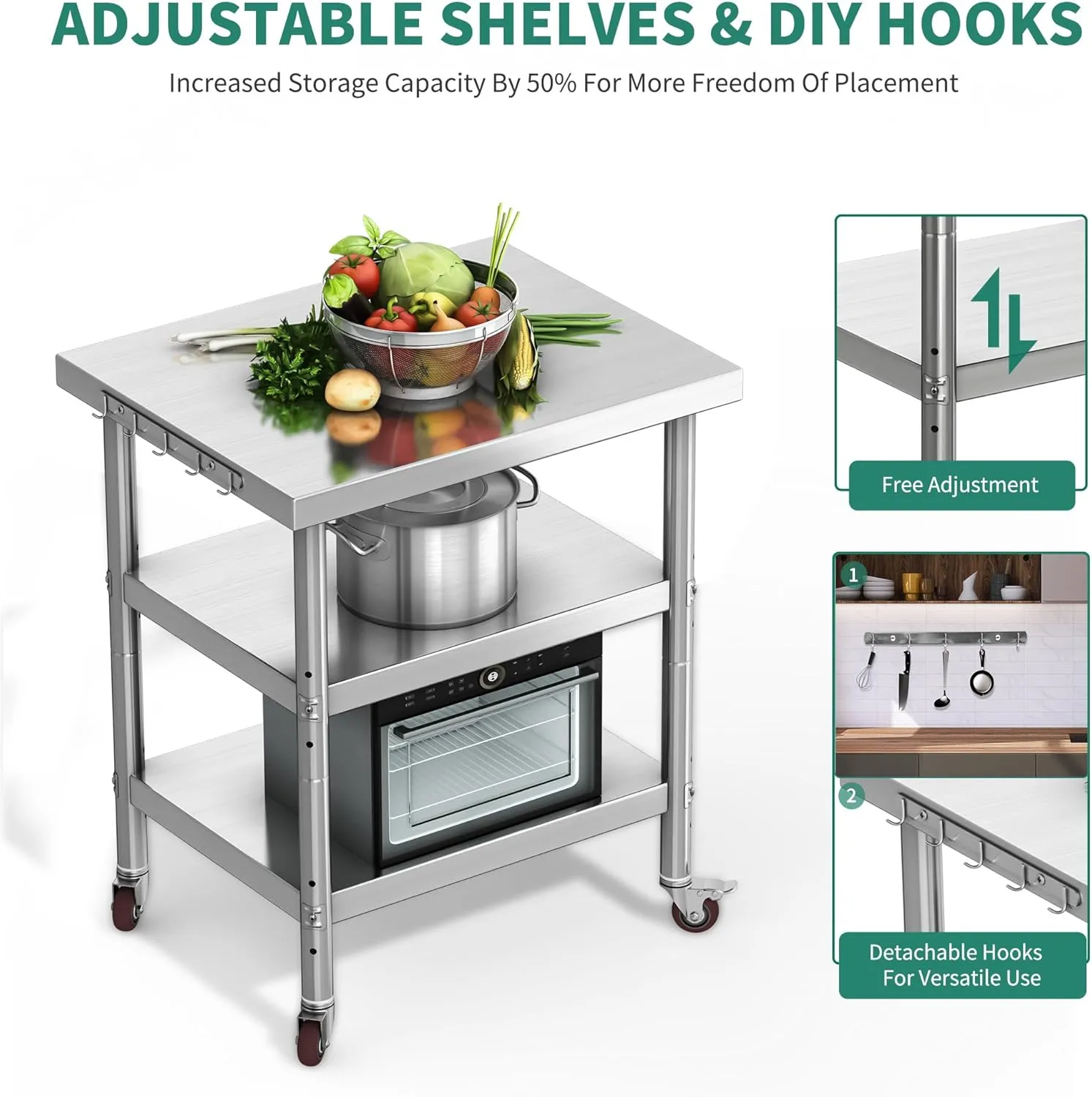 YITAHOME NSF Stainless Steel Table, 36" X 24" Work Table with Wheels, 3 Shelves Metal Prep Worktable for Home Kitchen Restaurant Garage Warehouse Outdoor