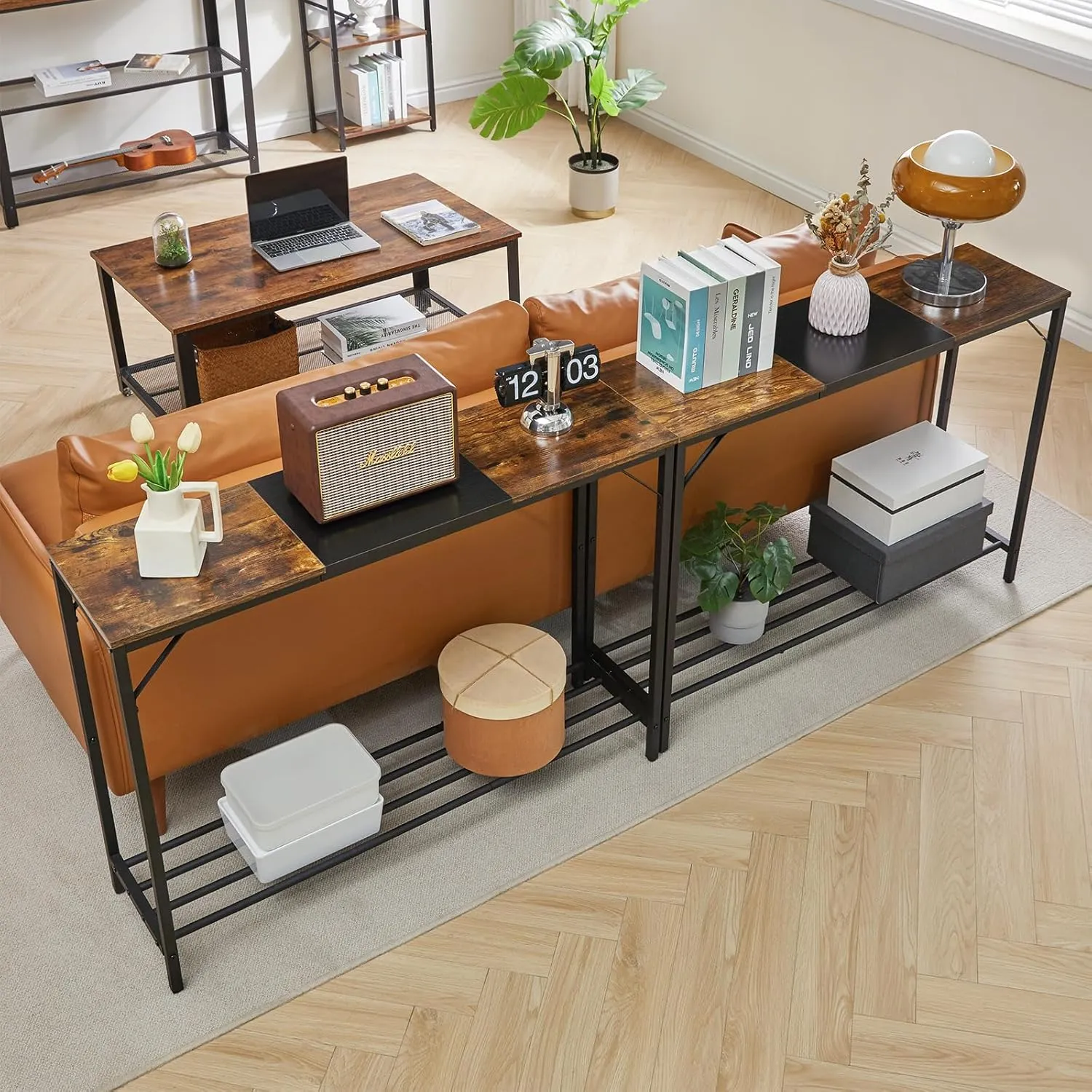 YMYNY Narrow Console Table, 42.1"L Industrial entryway Table, 2 Tiers Sofa Side Table with Storage Shelf, for Entryway, Hallway, Living Room, Foyer, Corridor, Office, Rustic Brown and Black, UHST006HB