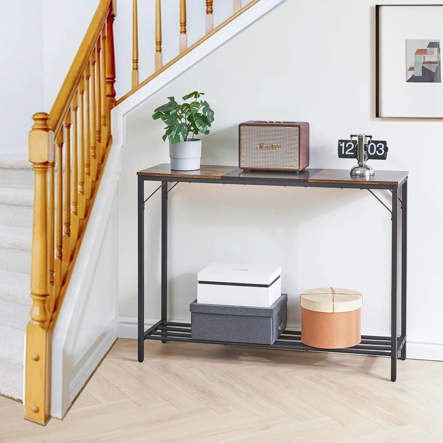YMYNY Narrow Console Table, 42.1"L Industrial entryway Table, 2 Tiers Sofa Side Table with Storage Shelf, for Entryway, Hallway, Living Room, Foyer, Corridor, Office, Rustic Brown and Black, UHST006HB