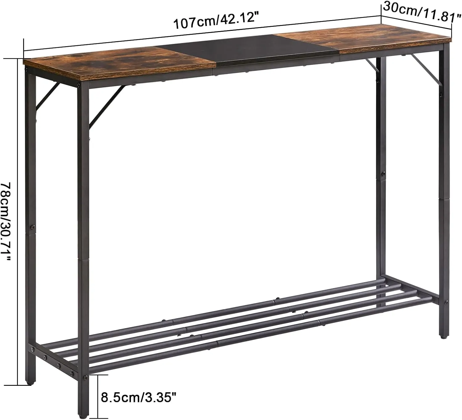 YMYNY Narrow Console Table, 42.1"L Industrial entryway Table, 2 Tiers Sofa Side Table with Storage Shelf, for Entryway, Hallway, Living Room, Foyer, Corridor, Office, Rustic Brown and Black, UHST006HB