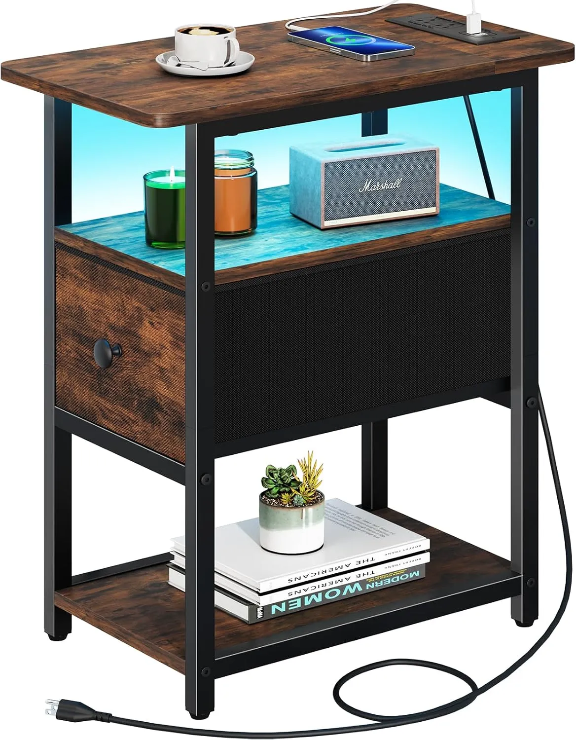 Yoobure End Table with Charging Station, Narrow Side Table with Adjustable Fabric Drawer, 3-Tier End Tables Living Room, Small Nightstand with Outlets, LED Skinny Night Stand for Bedroom Small Spaces