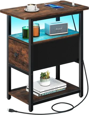 Yoobure End Table with Charging Station, Narrow Side Table with Adjustable Fabric Drawer, 3-Tier End Tables Living Room, Small Nightstand with Outlets, LED Skinny Night Stand for Bedroom Small Spaces