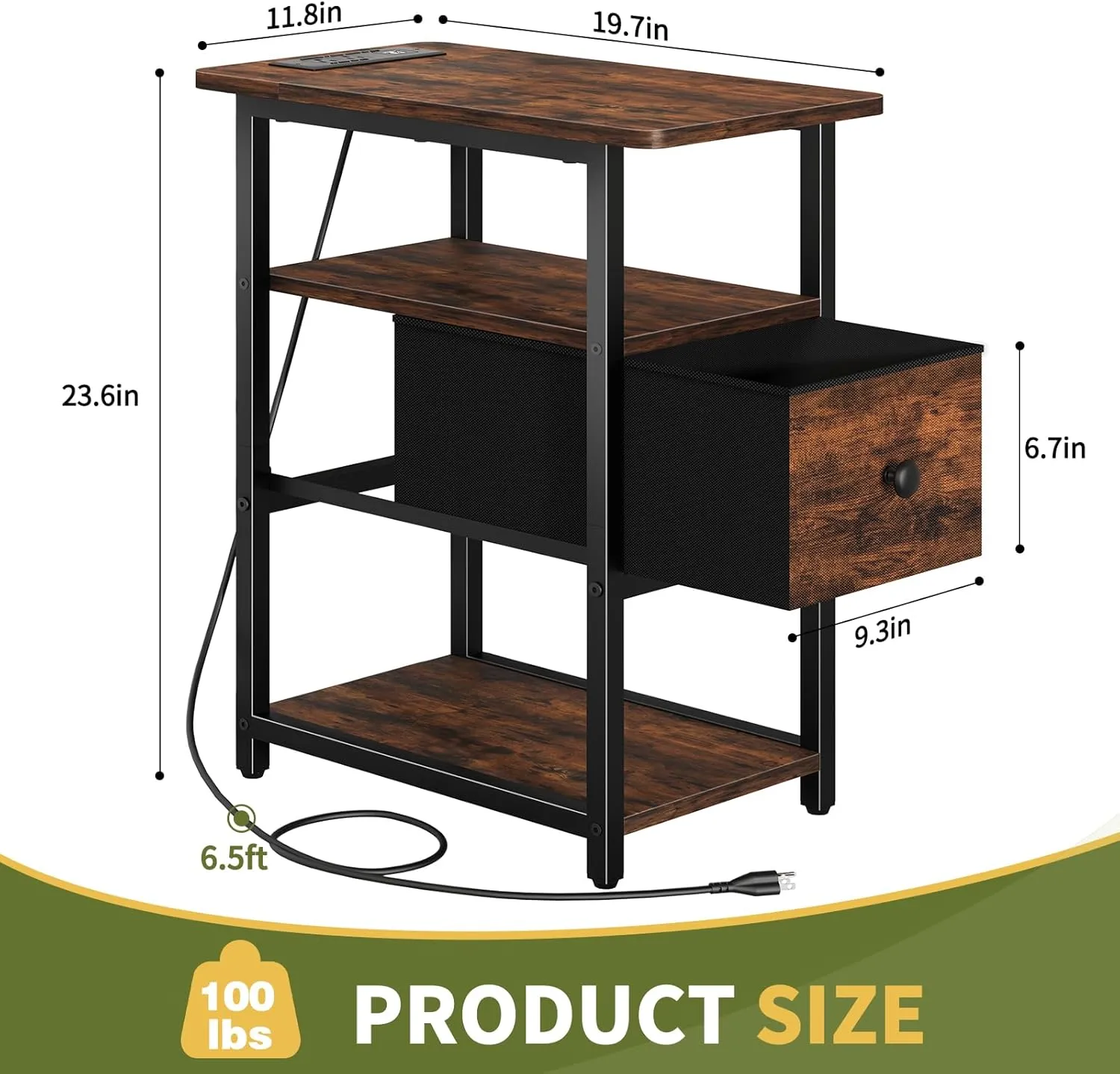 Yoobure End Table with Charging Station, Narrow Side Table with Adjustable Fabric Drawer, 3-Tier End Tables Living Room, Small Nightstand with Outlets, LED Skinny Night Stand for Bedroom Small Spaces