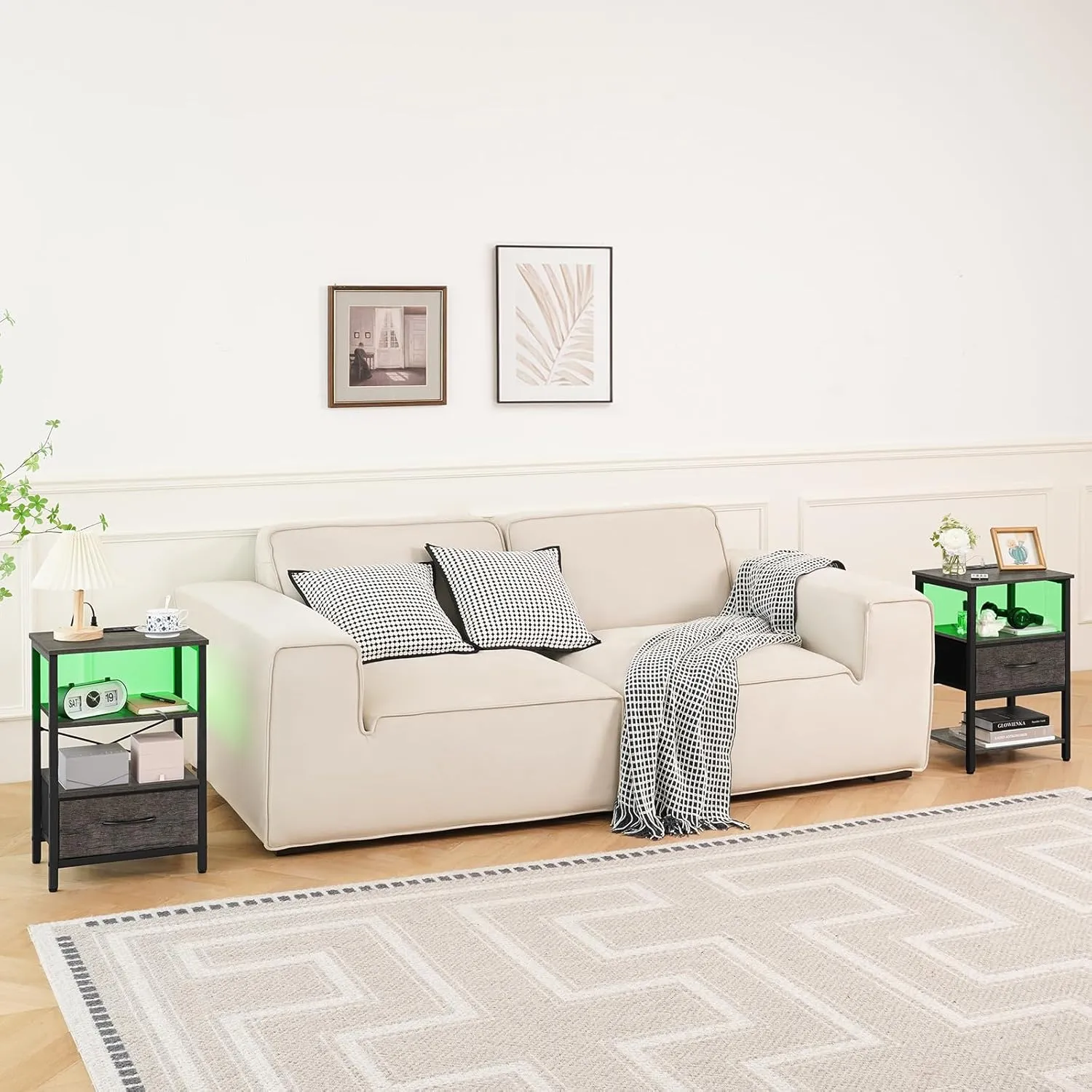 Yoobure Grey Night Stand with Charging Station, LED Nightstand for Bedroom, Bedside Tables with Adjustable Fabric Drawer, 3-Tier End Table Living Room, Small Side Table with Storage