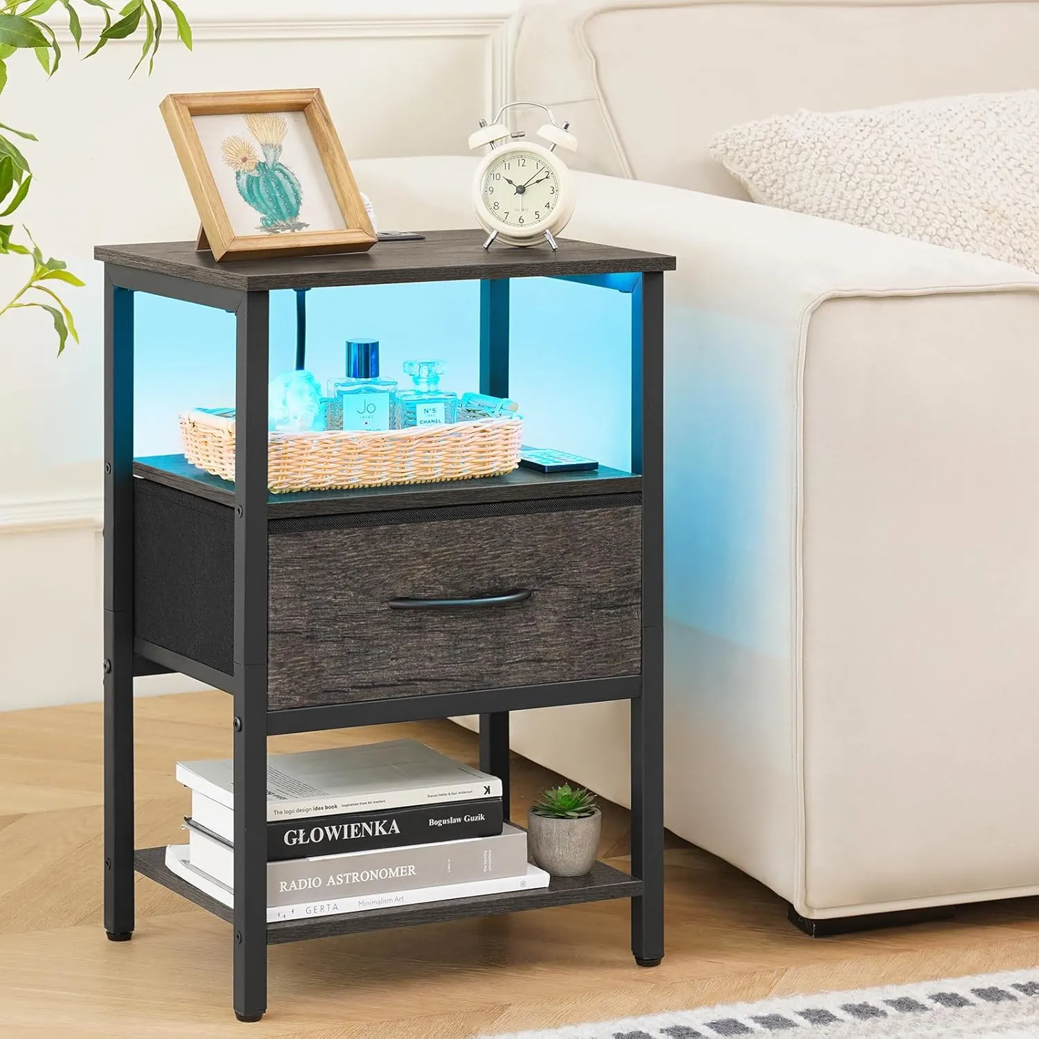 Yoobure Grey Night Stand with Charging Station, LED Nightstand for Bedroom, Bedside Tables with Adjustable Fabric Drawer, 3-Tier End Table Living Room, Small Side Table with Storage