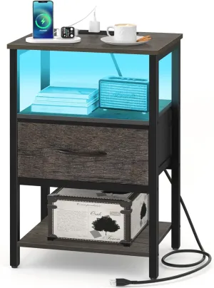 Yoobure Grey Night Stand with Charging Station, LED Nightstand for Bedroom, Bedside Tables with Adjustable Fabric Drawer, 3-Tier End Table Living Room, Small Side Table with Storage