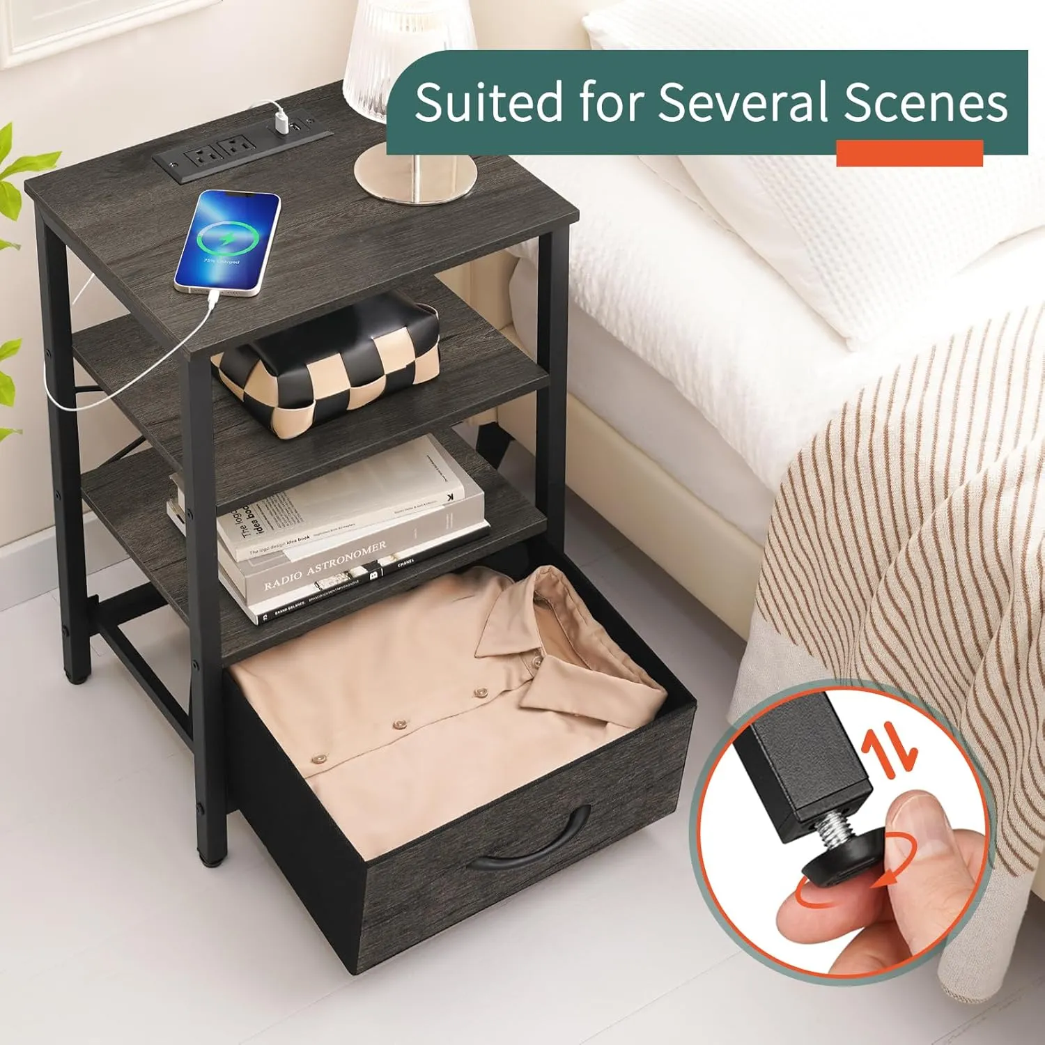 Yoobure Grey Night Stand with Charging Station, LED Nightstand for Bedroom, Bedside Tables with Adjustable Fabric Drawer, 3-Tier End Table Living Room, Small Side Table with Storage