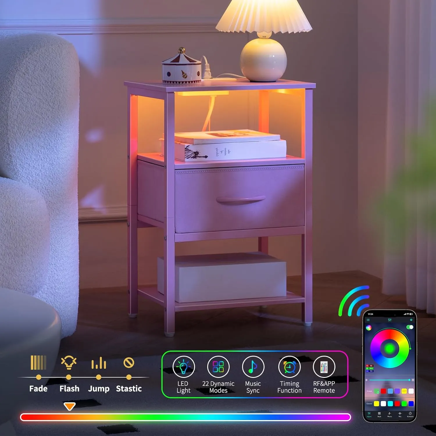 Yoobure Pink Night Stand with Charging Station, LED Nightstand for Bedroom, Bedside Tables with Adjustable Fabric Drawer, 3-Tier End Table Living Room, Small Side Table with Storage