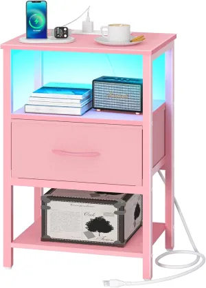 Yoobure Pink Night Stand with Charging Station, LED Nightstand for Bedroom, Bedside Tables with Adjustable Fabric Drawer, 3-Tier End Table Living Room, Small Side Table with Storage