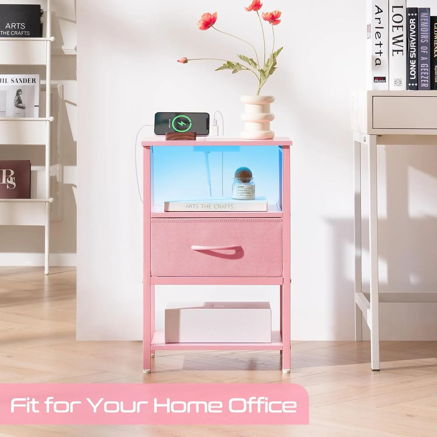Yoobure Pink Night Stand with Charging Station, LED Nightstand for Bedroom, Bedside Tables with Adjustable Fabric Drawer, 3-Tier End Table Living Room, Small Side Table with Storage