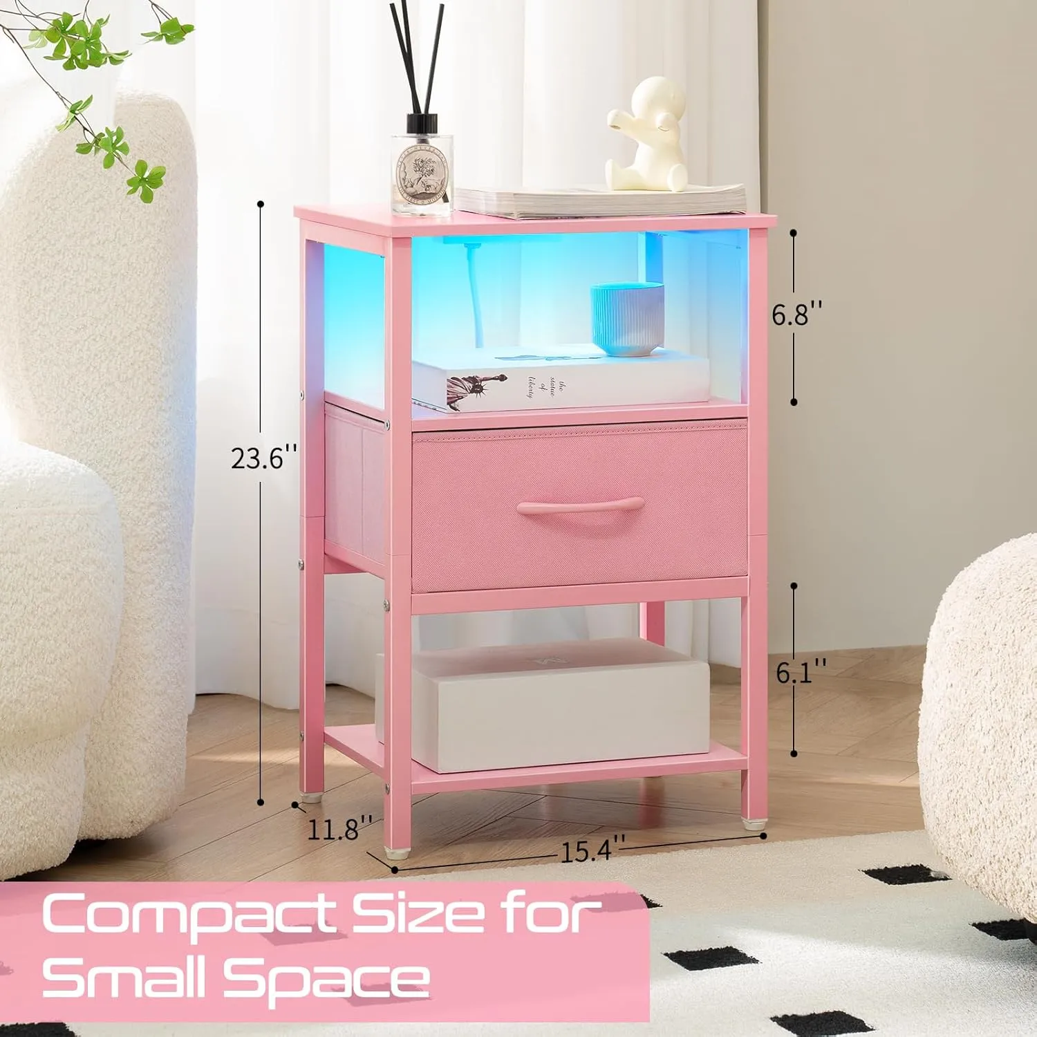 Yoobure Pink Night Stand with Charging Station, LED Nightstand for Bedroom, Bedside Tables with Adjustable Fabric Drawer, 3-Tier End Table Living Room, Small Side Table with Storage