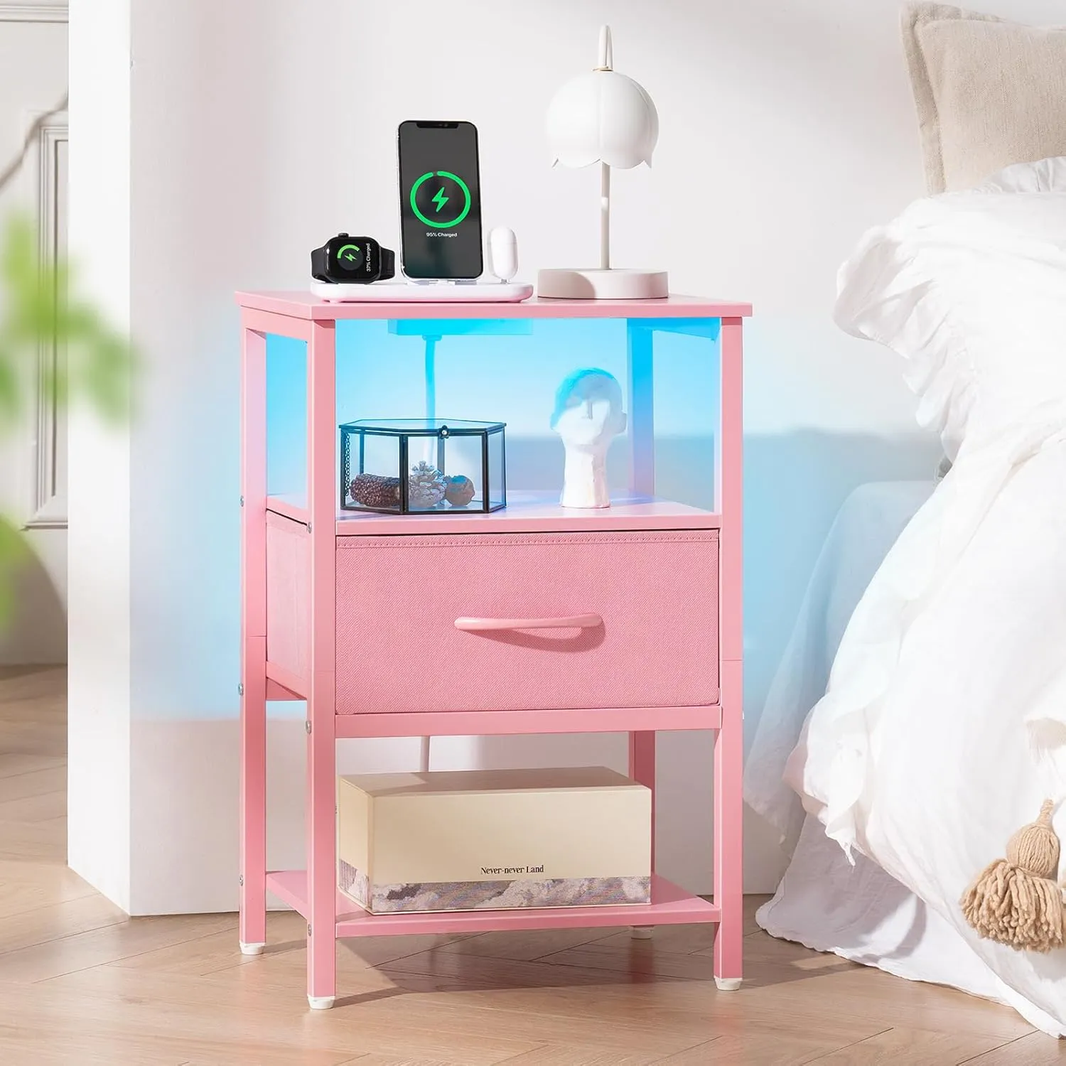 Yoobure Pink Night Stand with Charging Station, LED Nightstand for Bedroom, Bedside Tables with Adjustable Fabric Drawer, 3-Tier End Table Living Room, Small Side Table with Storage