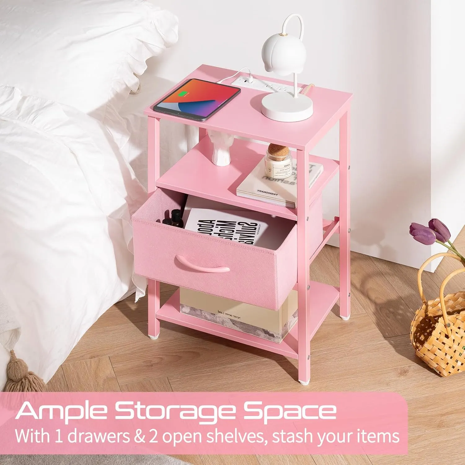 Yoobure Pink Night Stand with Charging Station, LED Nightstand for Bedroom, Bedside Tables with Adjustable Fabric Drawer, 3-Tier End Table Living Room, Small Side Table with Storage