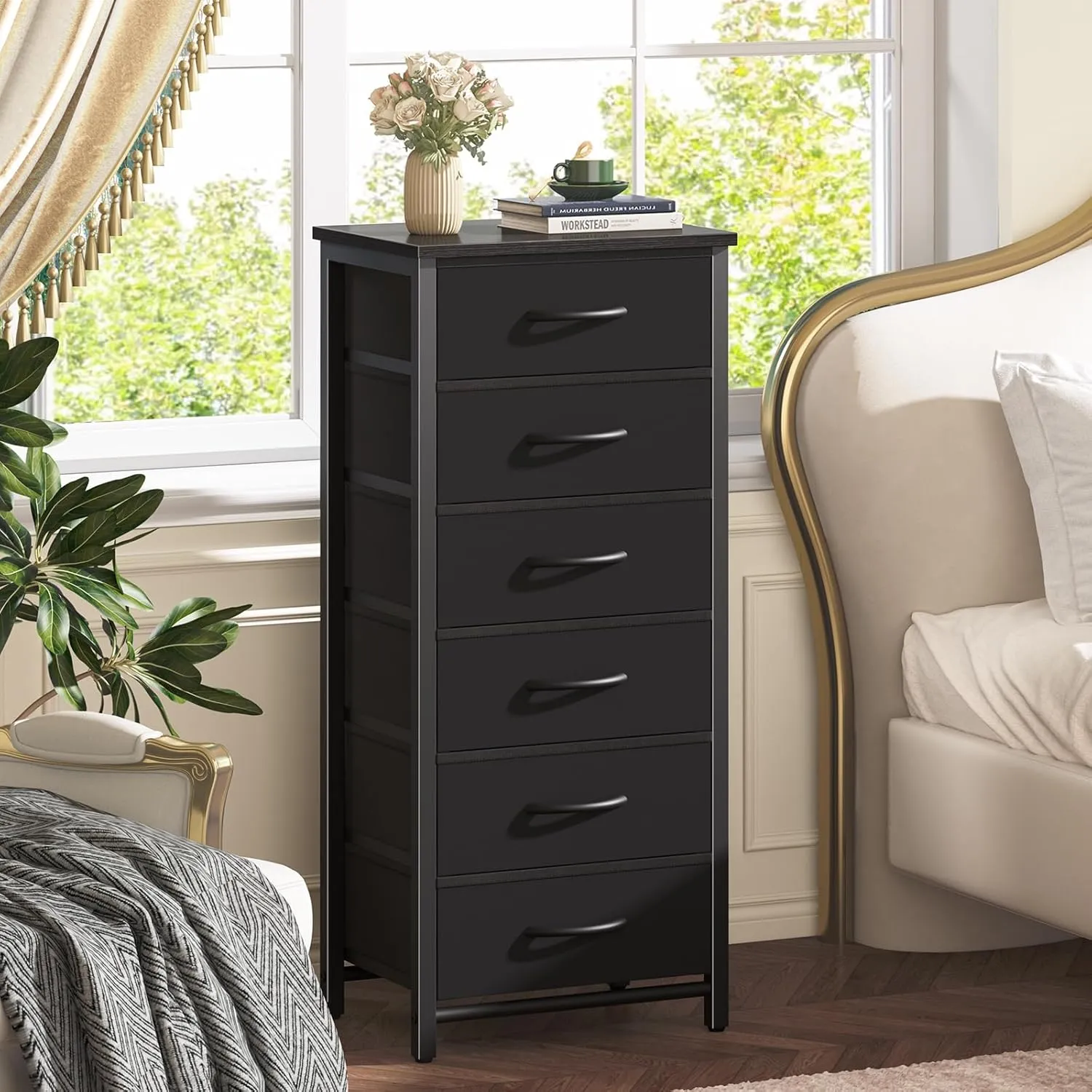 Yoobure Tall Nightstand for Bedroom, Night Stand Side Table for Small Space, End Table for Dorm, Dressers & Chests of Drawers, 6 Vertical Storage Drawers Fabric Dresser for Closet