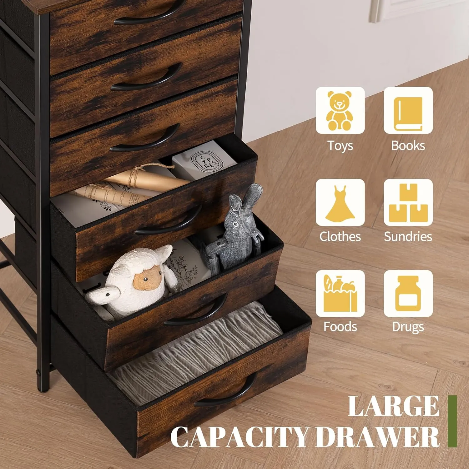 Yoobure Tall Nightstand for Bedroom, Night Stand Side Table for Small Space, End Table for Dorm, Dressers & Chests of Drawers, 6 Vertical Storage Drawers Fabric Dresser for Closet