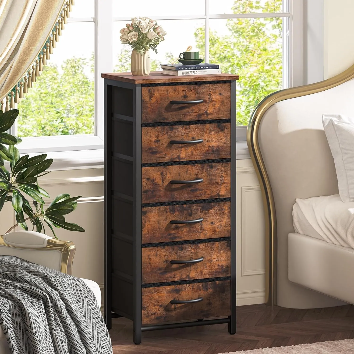 Yoobure Tall Nightstand for Bedroom, Night Stand Side Table for Small Space, End Table for Dorm, Dressers & Chests of Drawers, 6 Vertical Storage Drawers Fabric Dresser for Closet