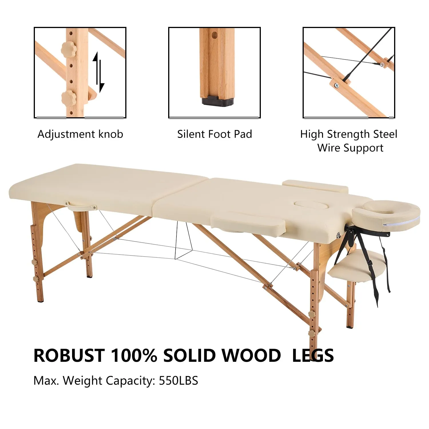 YOUNIKE Massage Table Spa Bed Portable 2 Fold Adjustable Foldable Tattoo Salon Face Cradle Bed Wooden Frame with Non-Woven Bag White