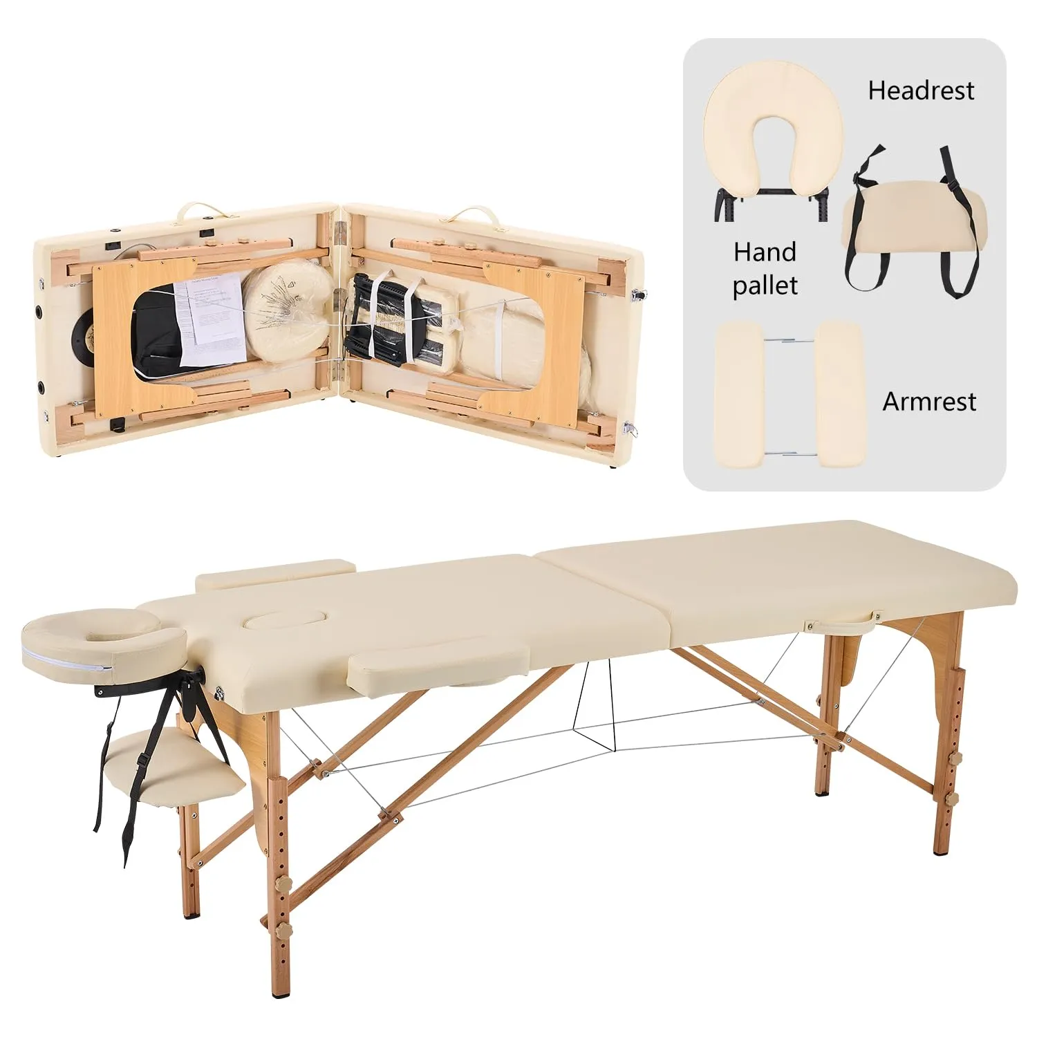 YOUNIKE Massage Table Spa Bed Portable 2 Fold Adjustable Foldable Tattoo Salon Face Cradle Bed Wooden Frame with Non-Woven Bag White