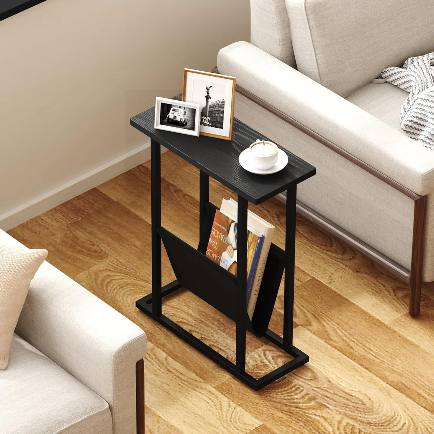Yusong Narrow Side Table for Small Spaces, Small End Table with Magazine Holder, Skinny Slim Little Thin Table for Living Room, Bedroom, Sofa, Black Oak
