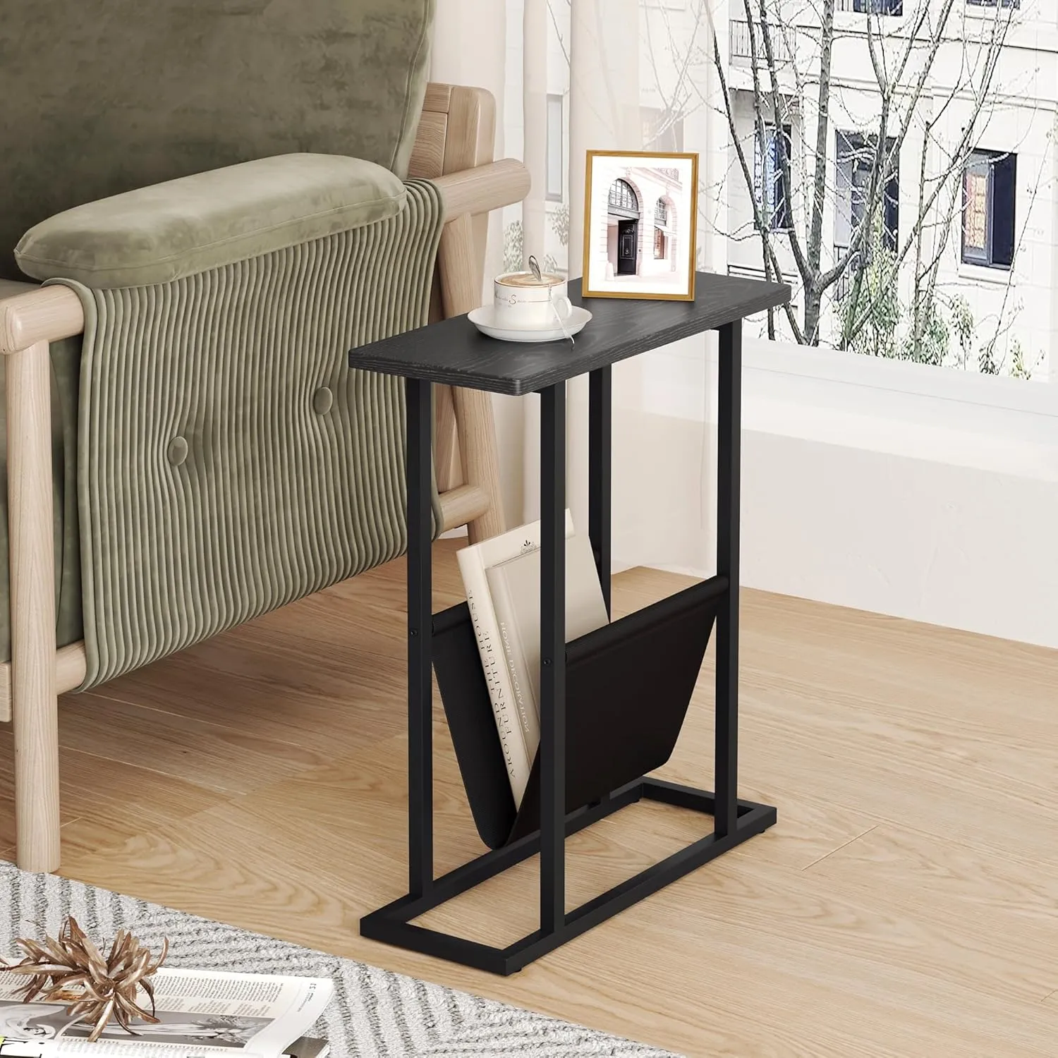 Yusong Narrow Side Table for Small Spaces, Small End Table with Magazine Holder, Skinny Slim Little Thin Table for Living Room, Bedroom, Sofa, Black Oak