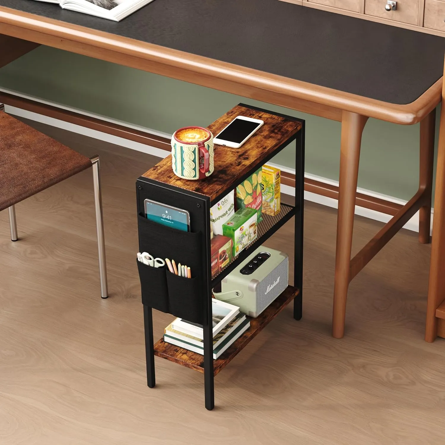 Yusong Small Narrow Side Table for Small Spaces, Slim End Table with Storage Bag, Sofa Snack Table with Adjustable Metal Mesh, 3 Tier Accent Skinny Beside Table for Living Room & Bedroom, Rustic Brown