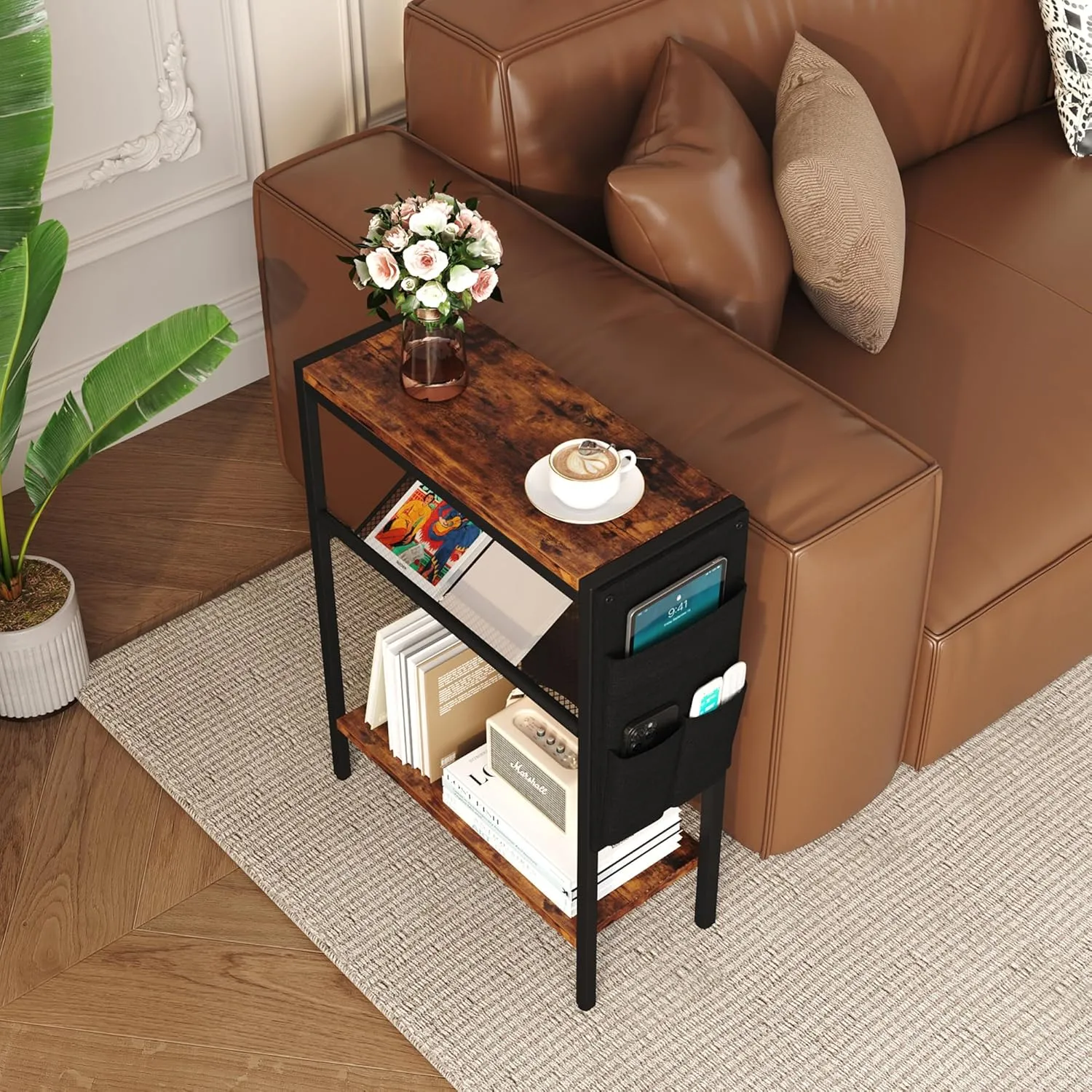 Yusong Small Narrow Side Table for Small Spaces, Slim End Table with Storage Bag, Sofa Snack Table with Adjustable Metal Mesh, 3 Tier Accent Skinny Beside Table for Living Room & Bedroom, Rustic Brown