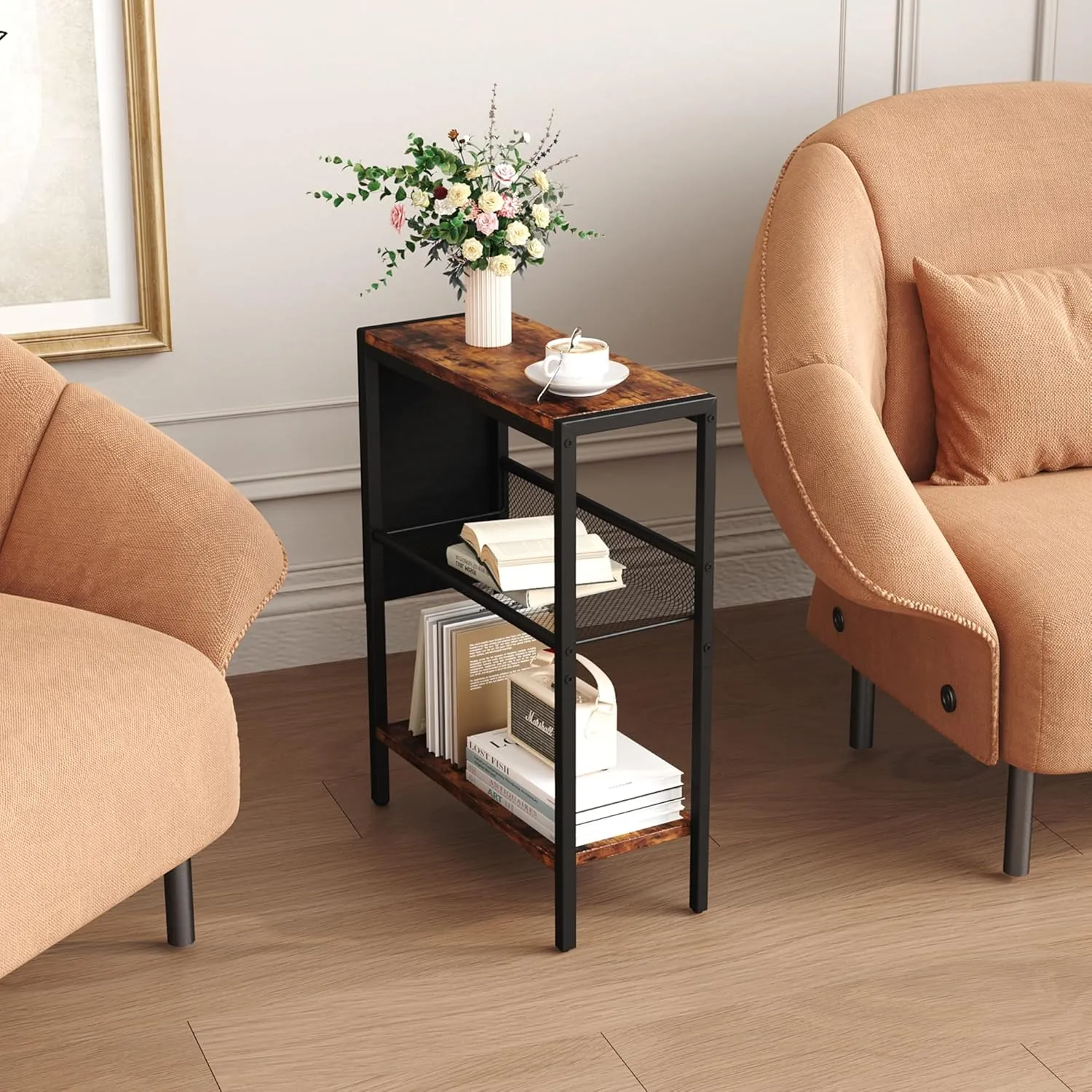 Yusong Small Narrow Side Table for Small Spaces, Slim End Table with Storage Bag, Sofa Snack Table with Adjustable Metal Mesh, 3 Tier Accent Skinny Beside Table for Living Room & Bedroom, Rustic Brown
