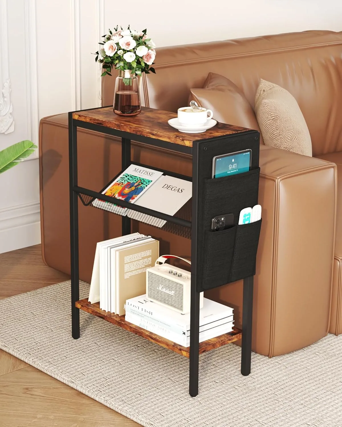 Yusong Small Narrow Side Table for Small Spaces, Slim End Table with Storage Bag, Sofa Snack Table with Adjustable Metal Mesh, 3 Tier Accent Skinny Beside Table for Living Room & Bedroom, Rustic Brown