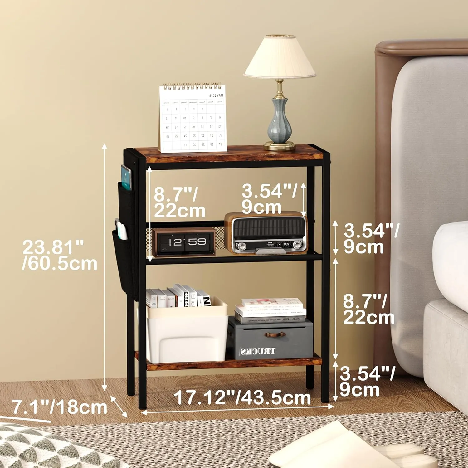 Yusong Small Narrow Side Table for Small Spaces, Slim End Table with Storage Bag, Sofa Snack Table with Adjustable Metal Mesh, 3 Tier Accent Skinny Beside Table for Living Room & Bedroom, Rustic Brown